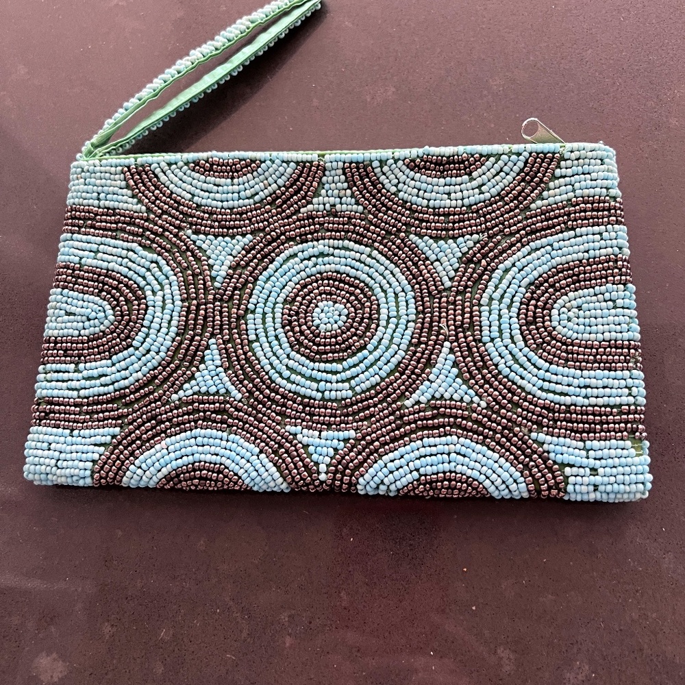 BRAND NEW hand clutch BEADED bag with wrist handle 8"X5" in Turquoise and Brass